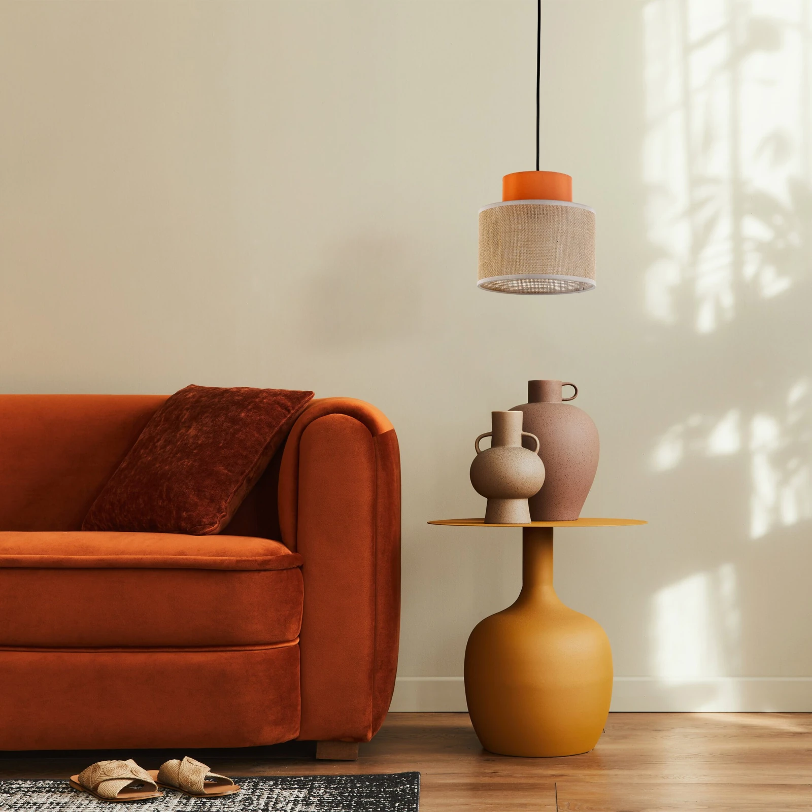 Pendant light 15 W – round, orange and jute, E27