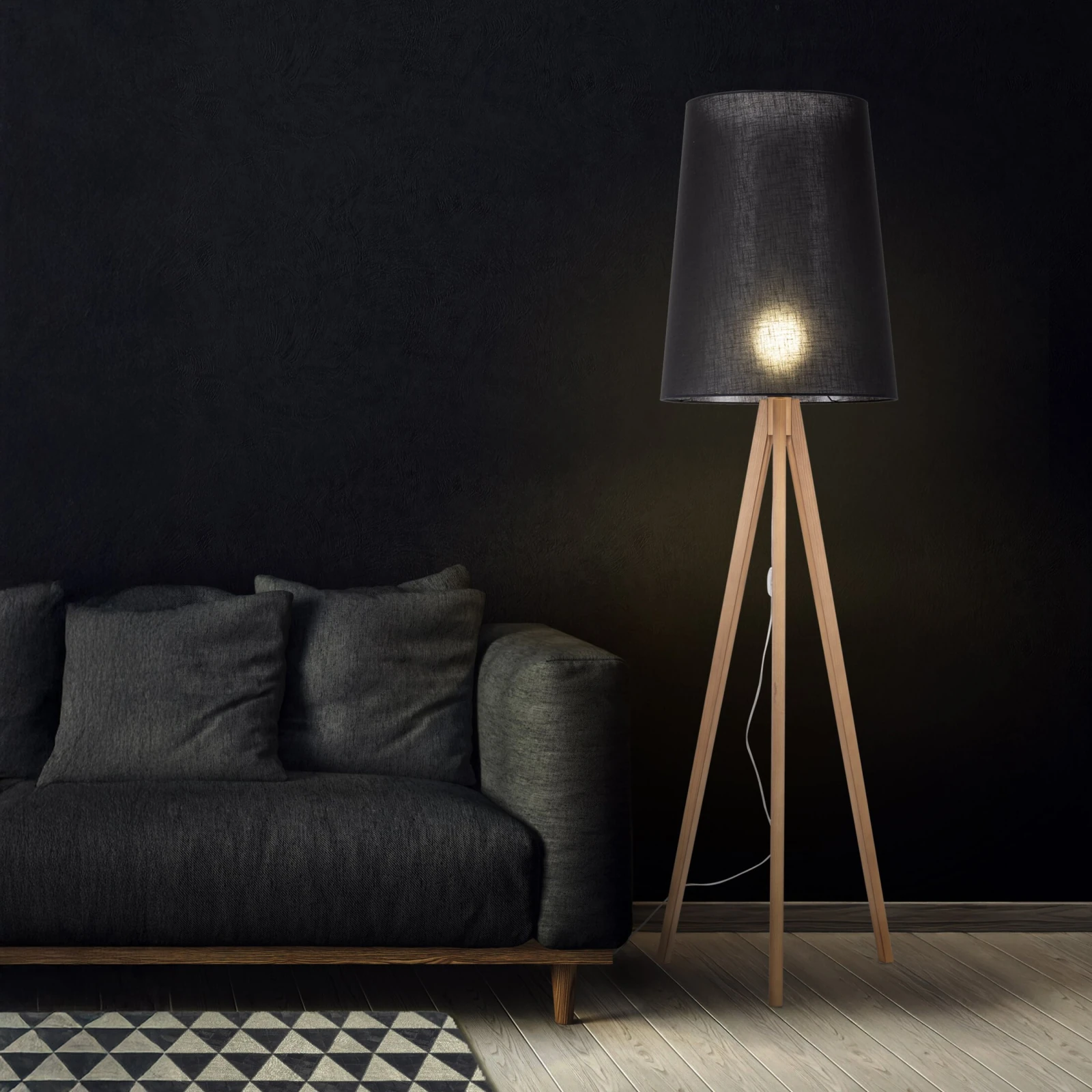 Floor lamp E27 – black, tripod, pine base