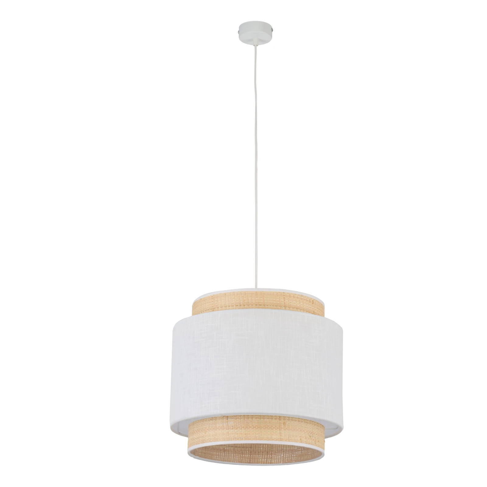 E27 pendant lamp – round, white, raffia accent
