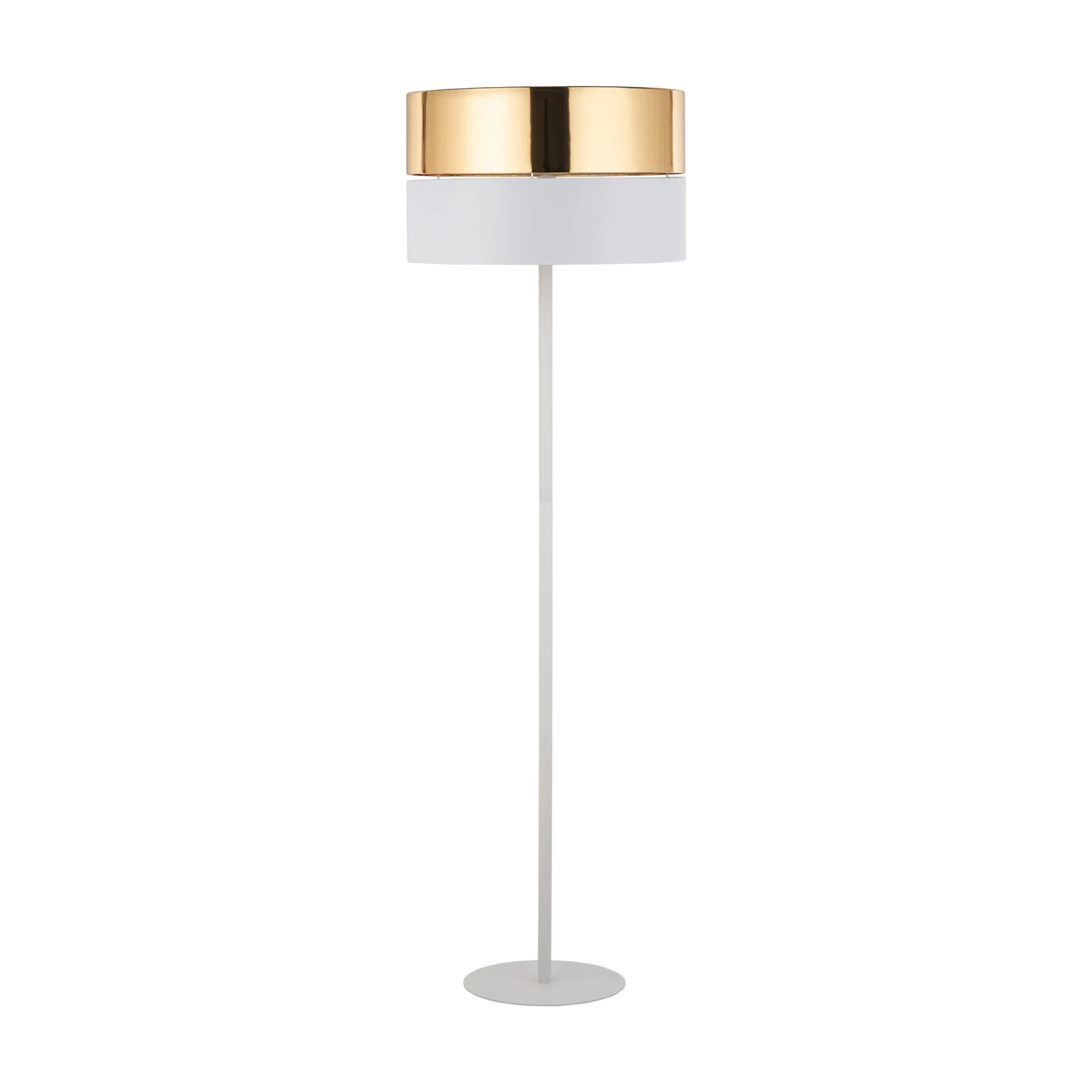Floor lamp E27 – round white shade, gold accent