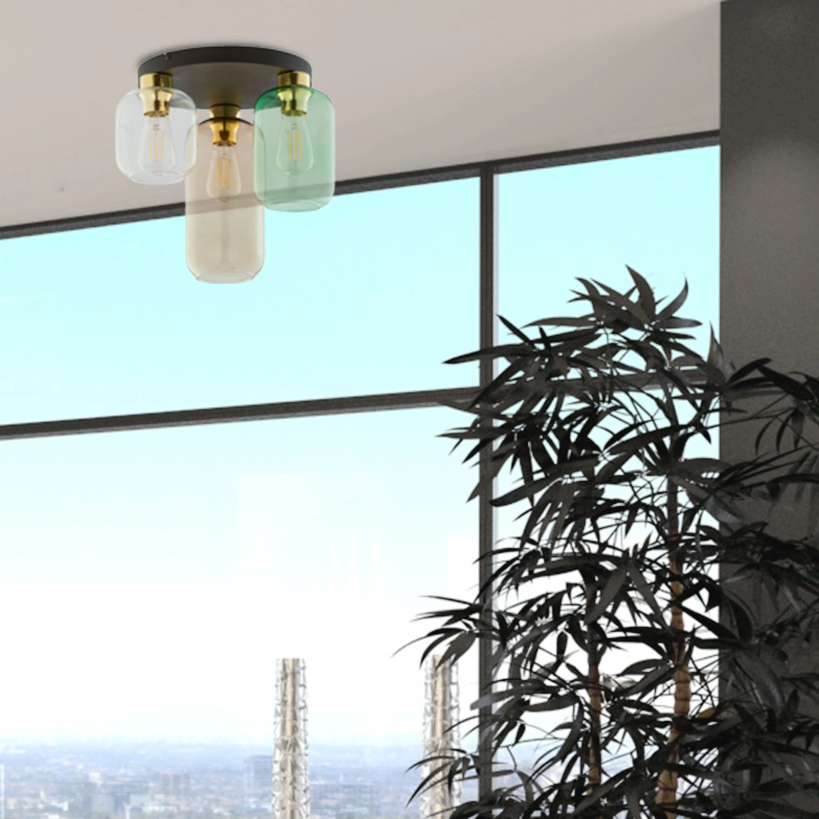 Ceiling lamp 3xE27 – round, black and gold, glass shades
