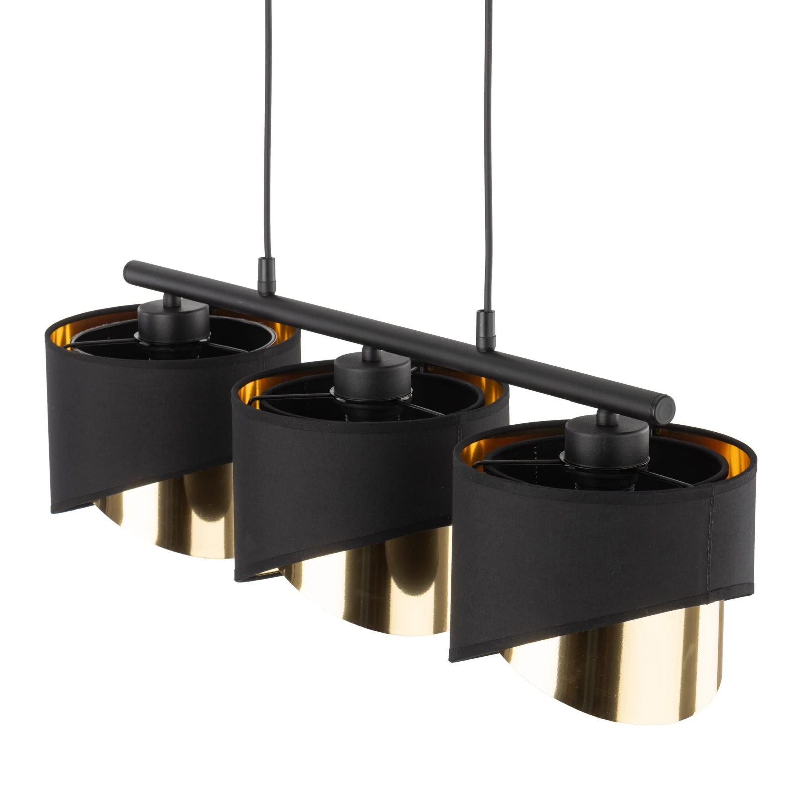 3xE27 pendant light – linear black frame, gold inner shades