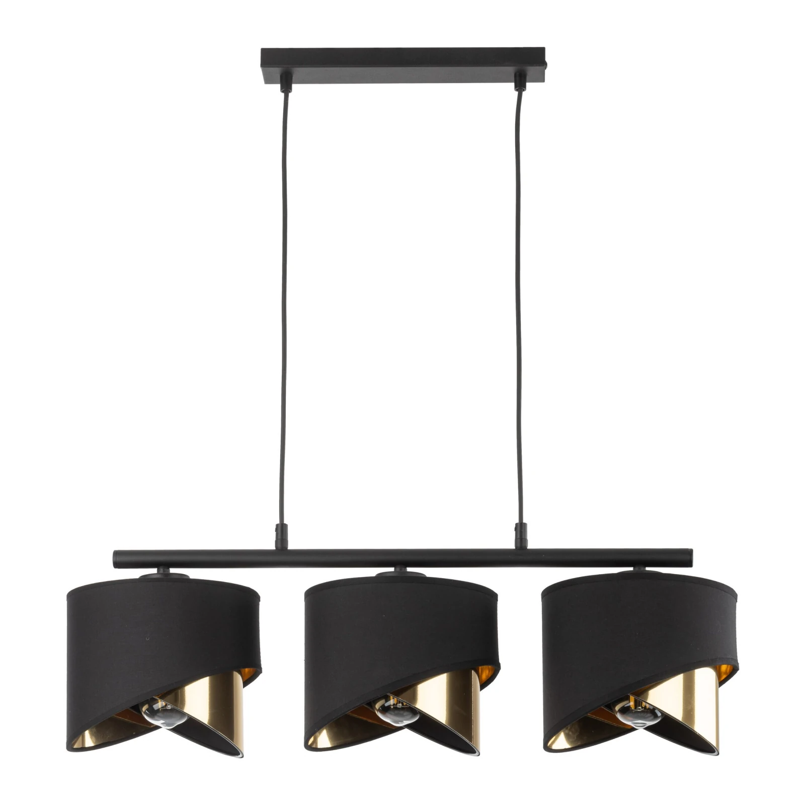 3xE27 pendant light – linear black frame, gold inner shades