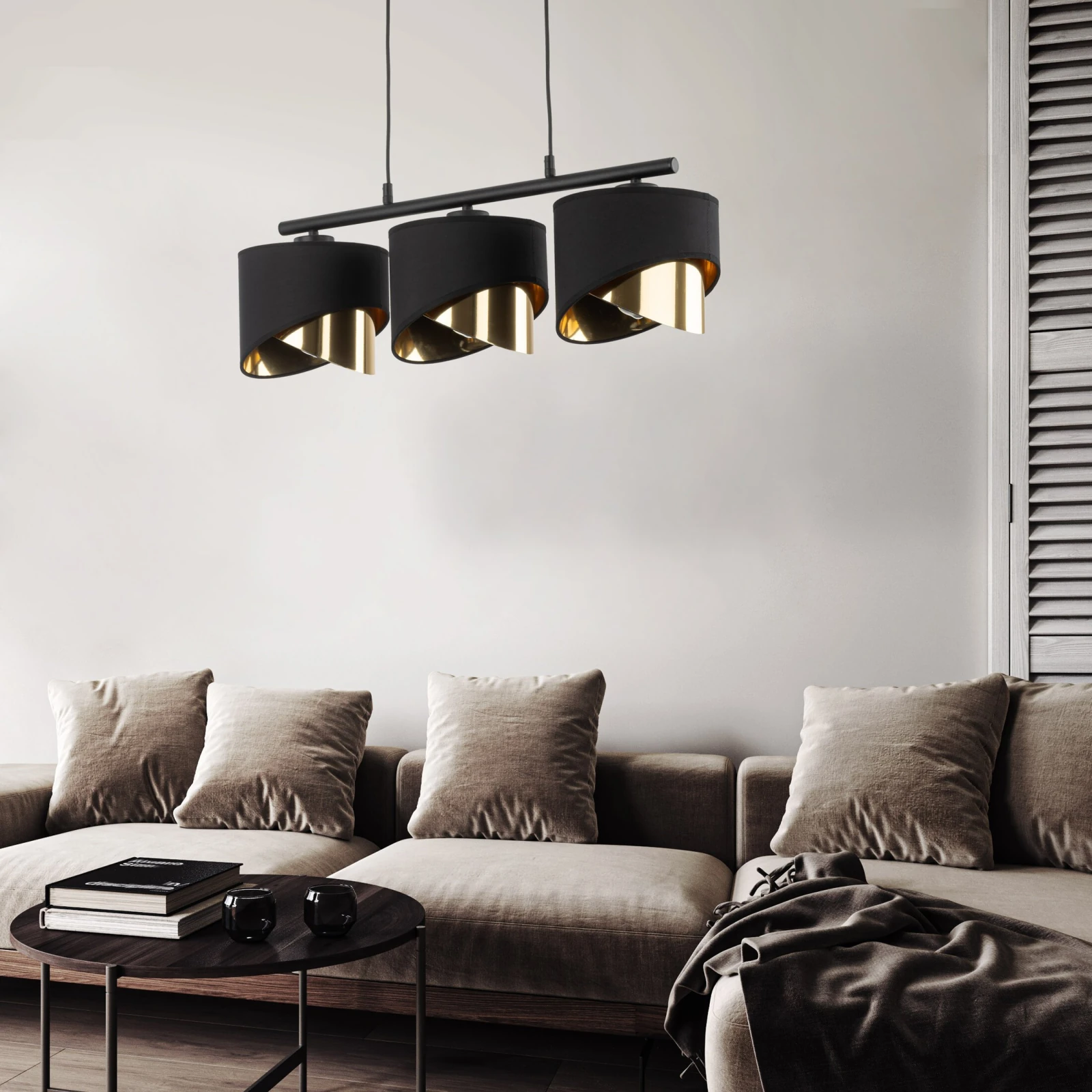 3xE27 pendant light – linear black frame, gold inner shades