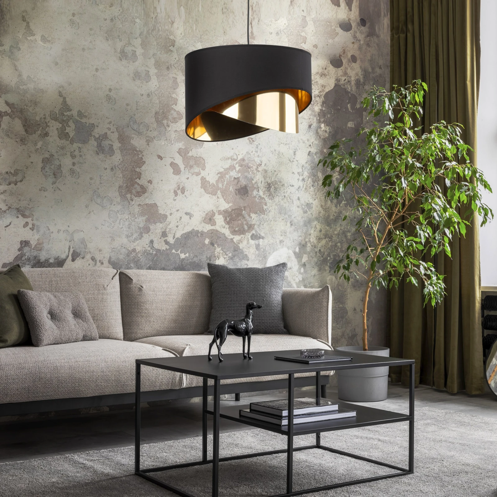 E27 pendant light – round, black, gold inner shade