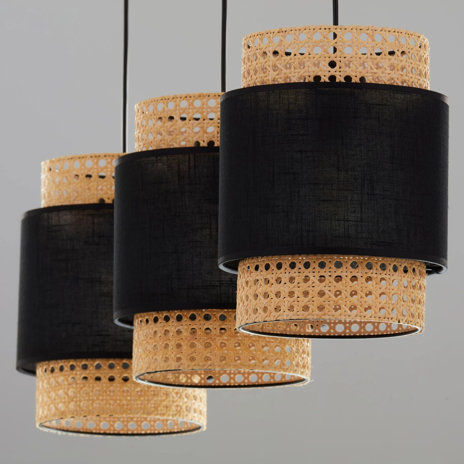 Pendant light 3 E27 – linear, black, woven shades