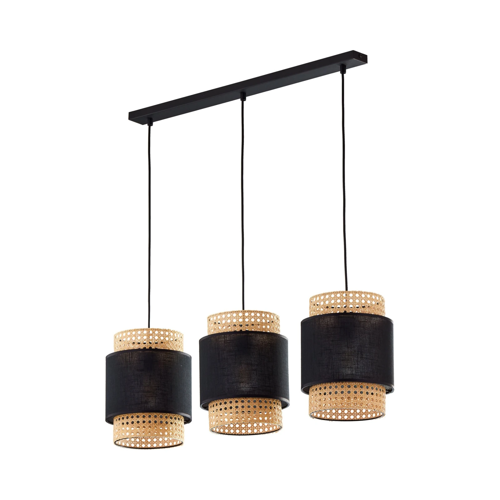 Pendant light 3 E27 – linear, black, woven shades