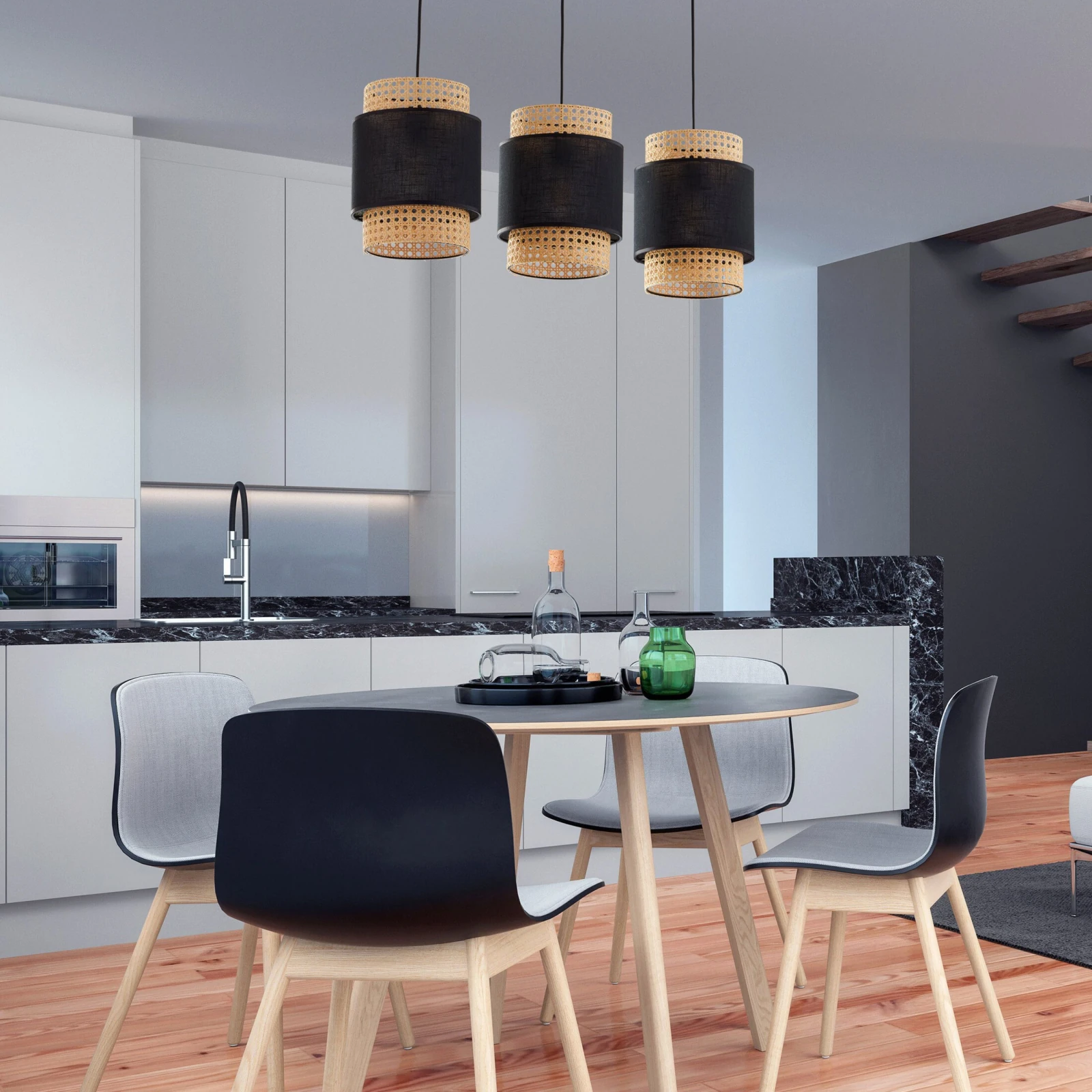 Pendant light 3 E27 – linear, black, woven shades