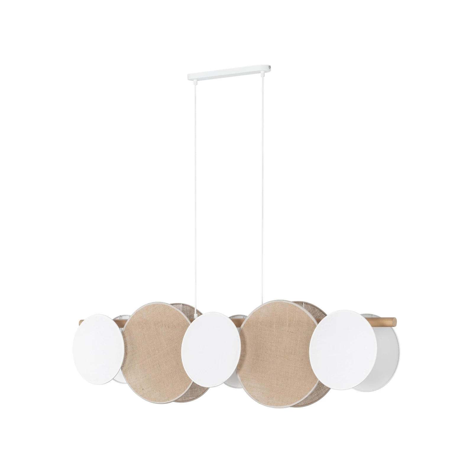 Pendant 15 W fixture – 5 linen and jute shades, wood beam