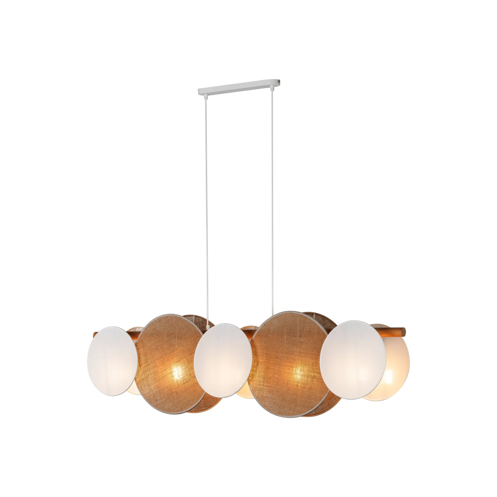 Pendant 15 W fixture – 5 linen and jute shades, wood beam