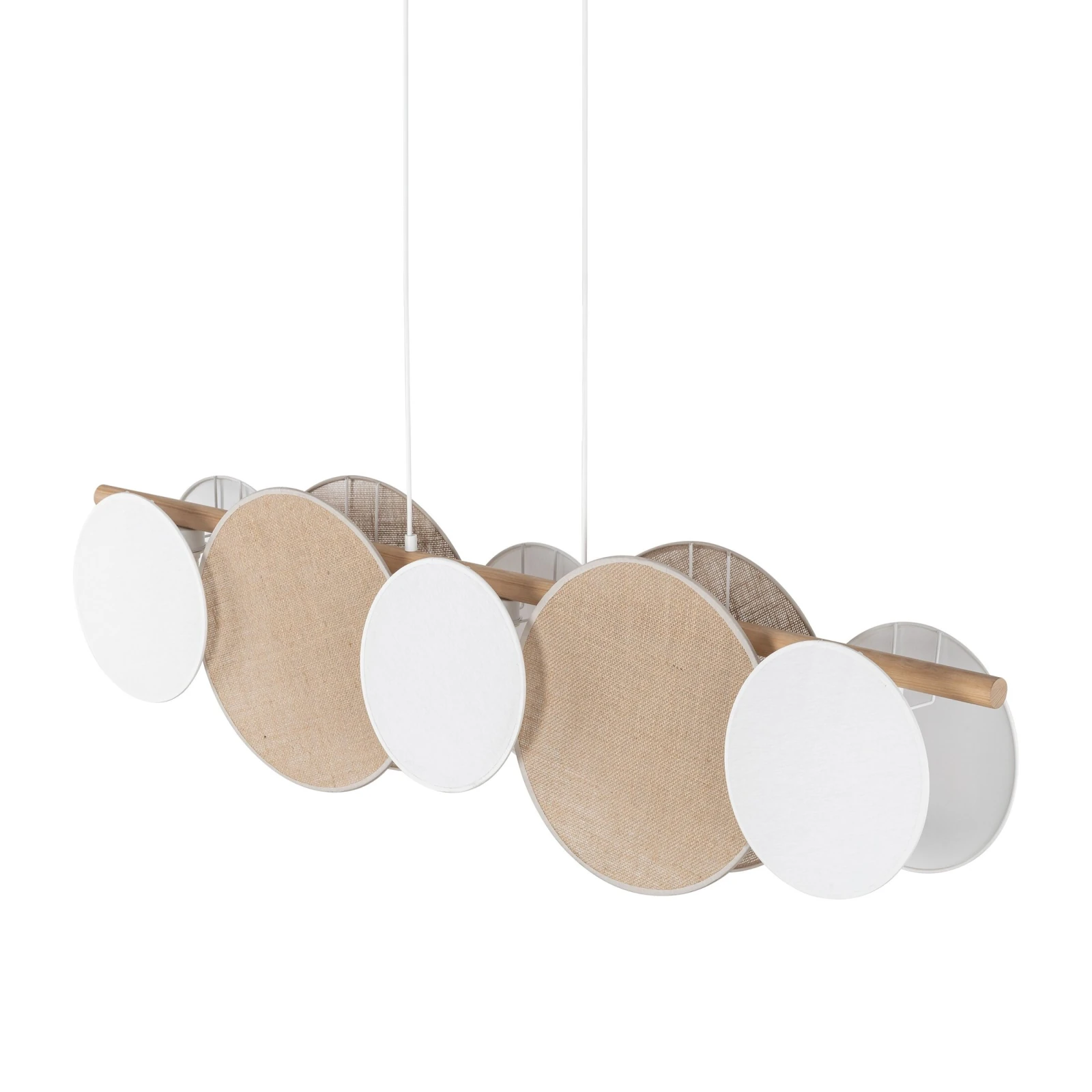 Pendant 15 W fixture – 5 linen and jute shades, wood beam