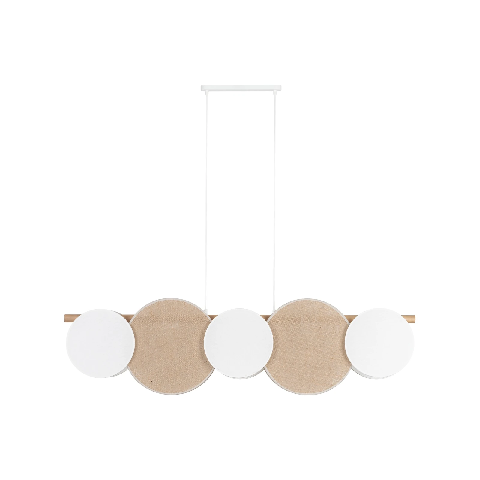 Pendant 15 W fixture – 5 linen and jute shades, wood beam