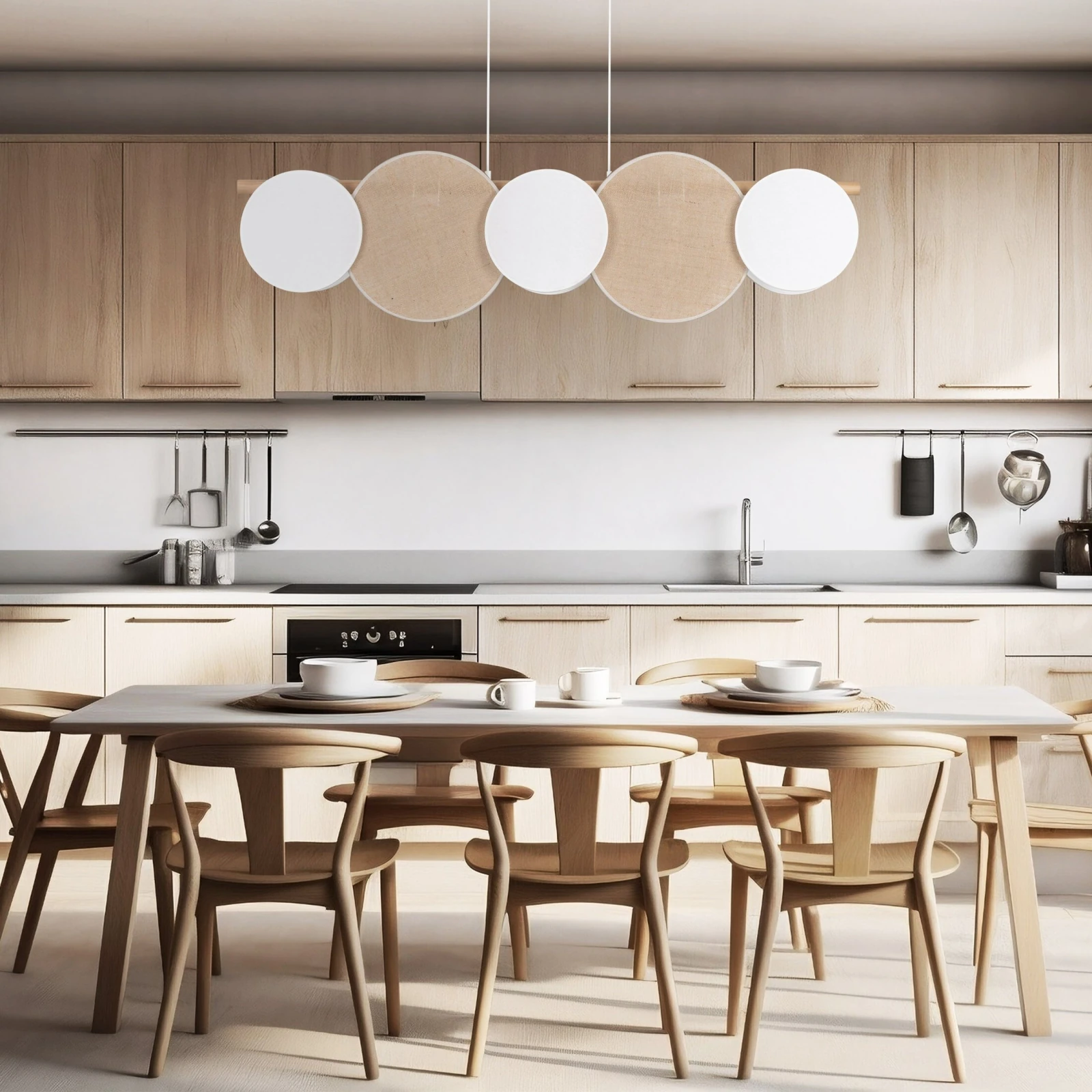 Pendant 15 W fixture – 5 linen and jute shades, wood beam