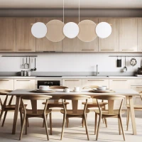 Pendant 15 W fixture – 5 linen and jute shades, wood beam - Image 1