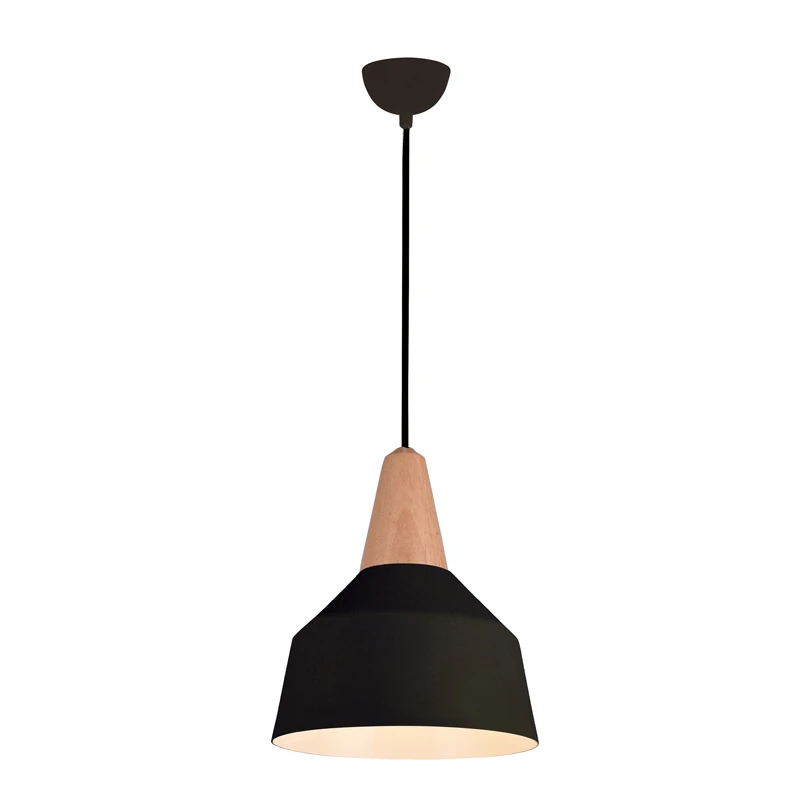 Black Matt & Wood Pendant Light, E27, 28cm