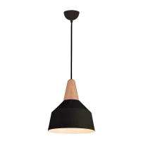 Black Matt & Wood Pendant Light, E27, 28cm - Image 2