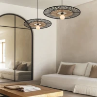 Pakabinamas šviestuvas iš bambuko ir juodo metalo, Ø40cm - Nuotrauka 3