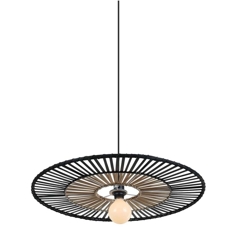 Pakabinamas šviestuvas iš bambuko ir juodo metalo, Ø40cm