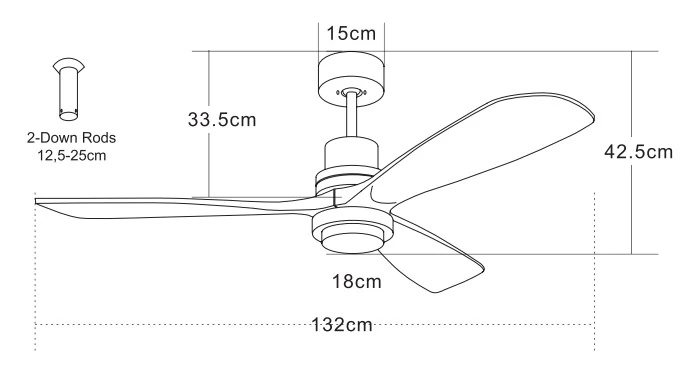 Modernus 132 cm lubinis ventiliatorius su šviesa ir medžio imitacijos mentėmis