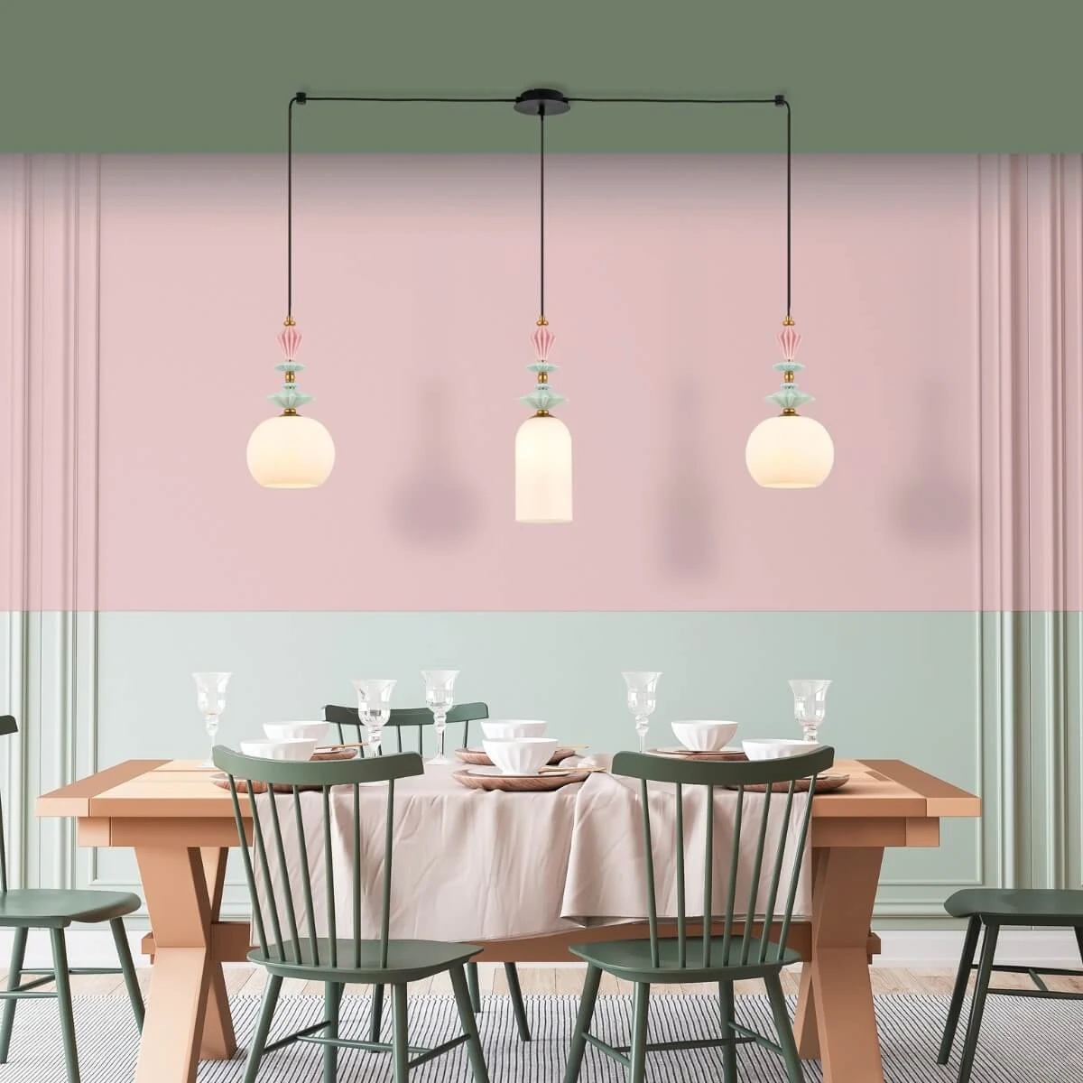 Triple Pendant Light with Ceramic & Opal Glass Diffusers