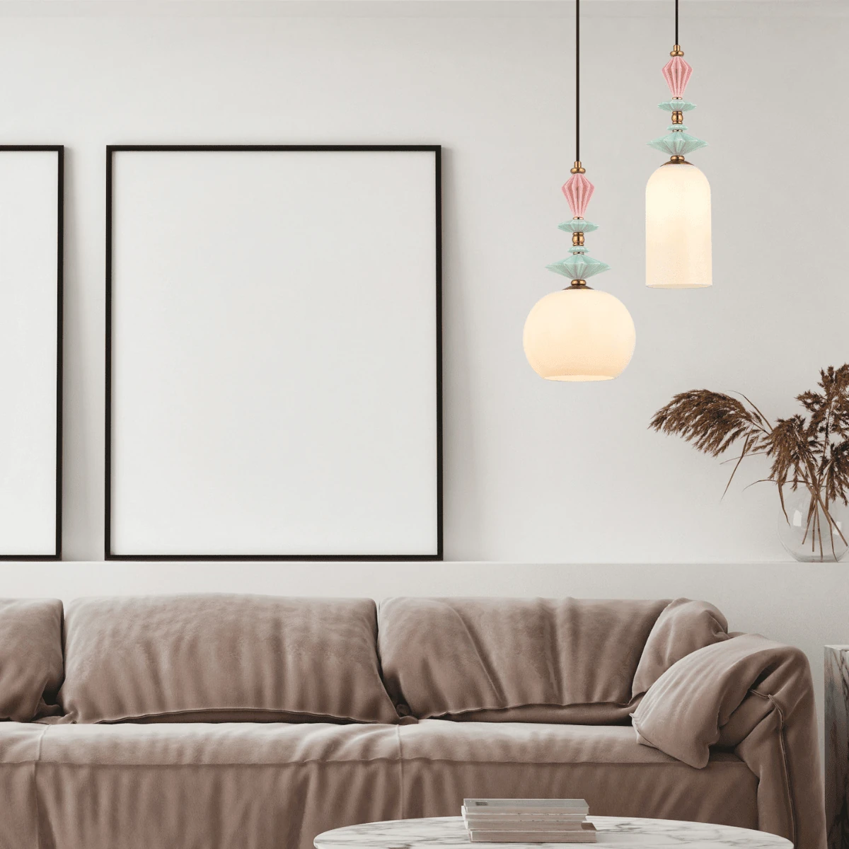 Pendant Light with Pastel Ceramic Details and Opal Glass Shade