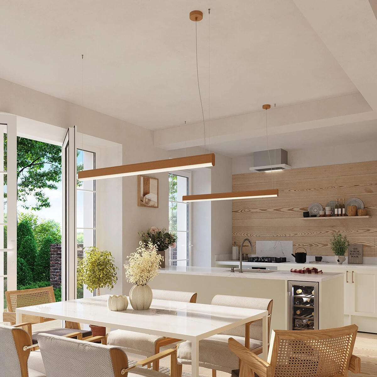 Pendant LED lamp 120 cm – linear, gold, remote dimming