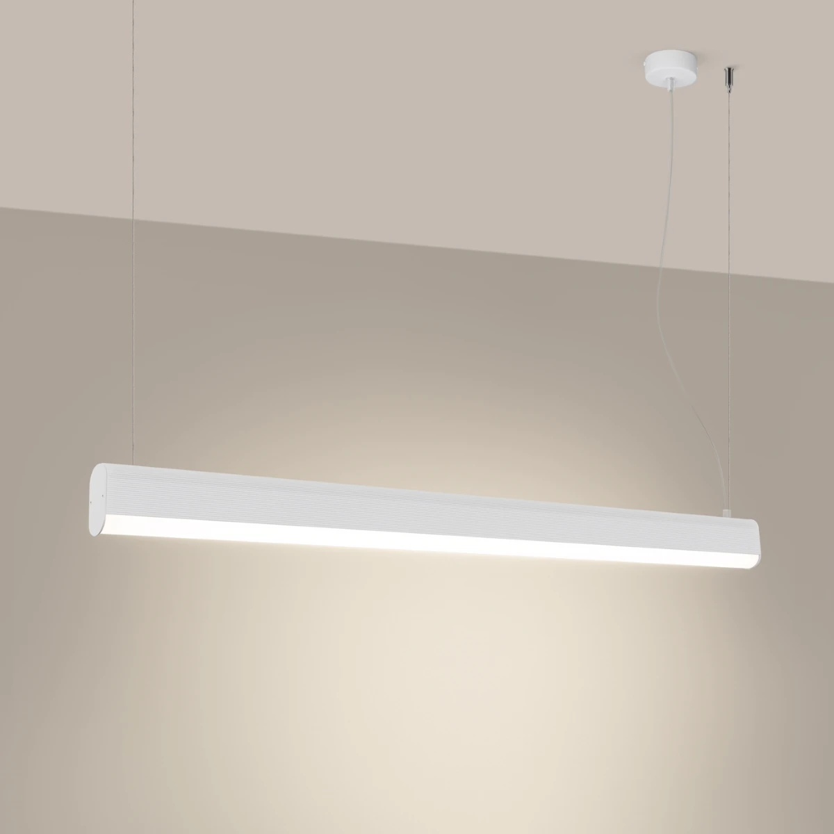 Pakabinamas šviestuvas 120 cm/38W – linijinis, baltas, su pulteliu