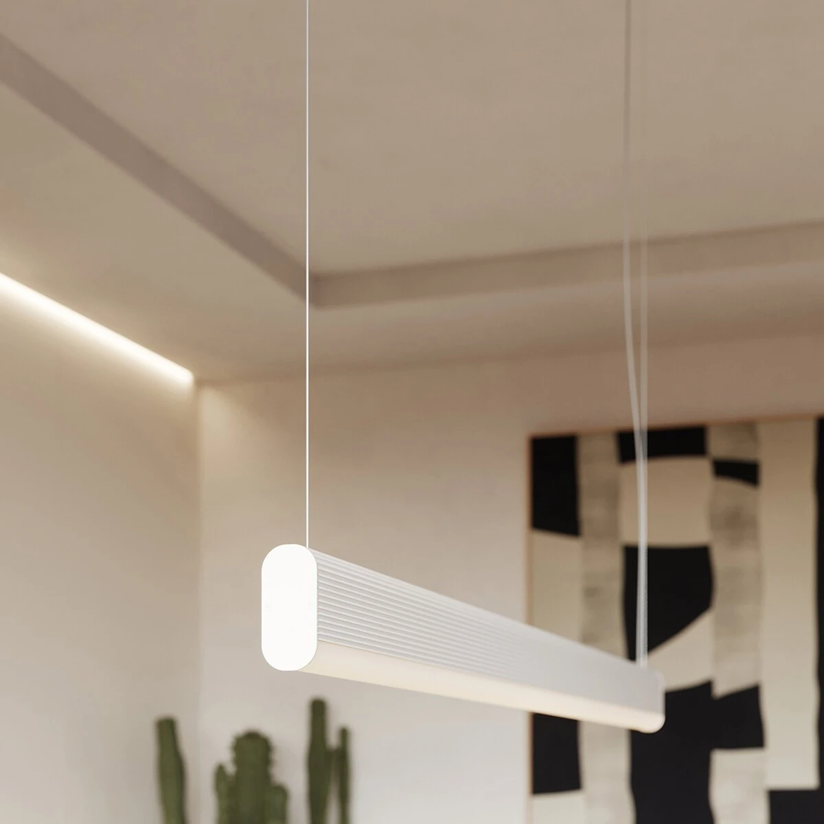 Pakabinamas šviestuvas 120 cm/38W – linijinis, baltas, su pulteliu