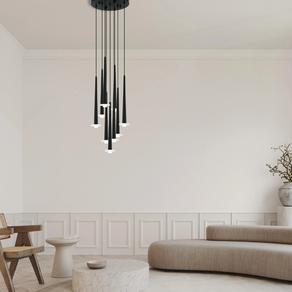 Matt Black Multi-Pendant LED Chandelier with Marble