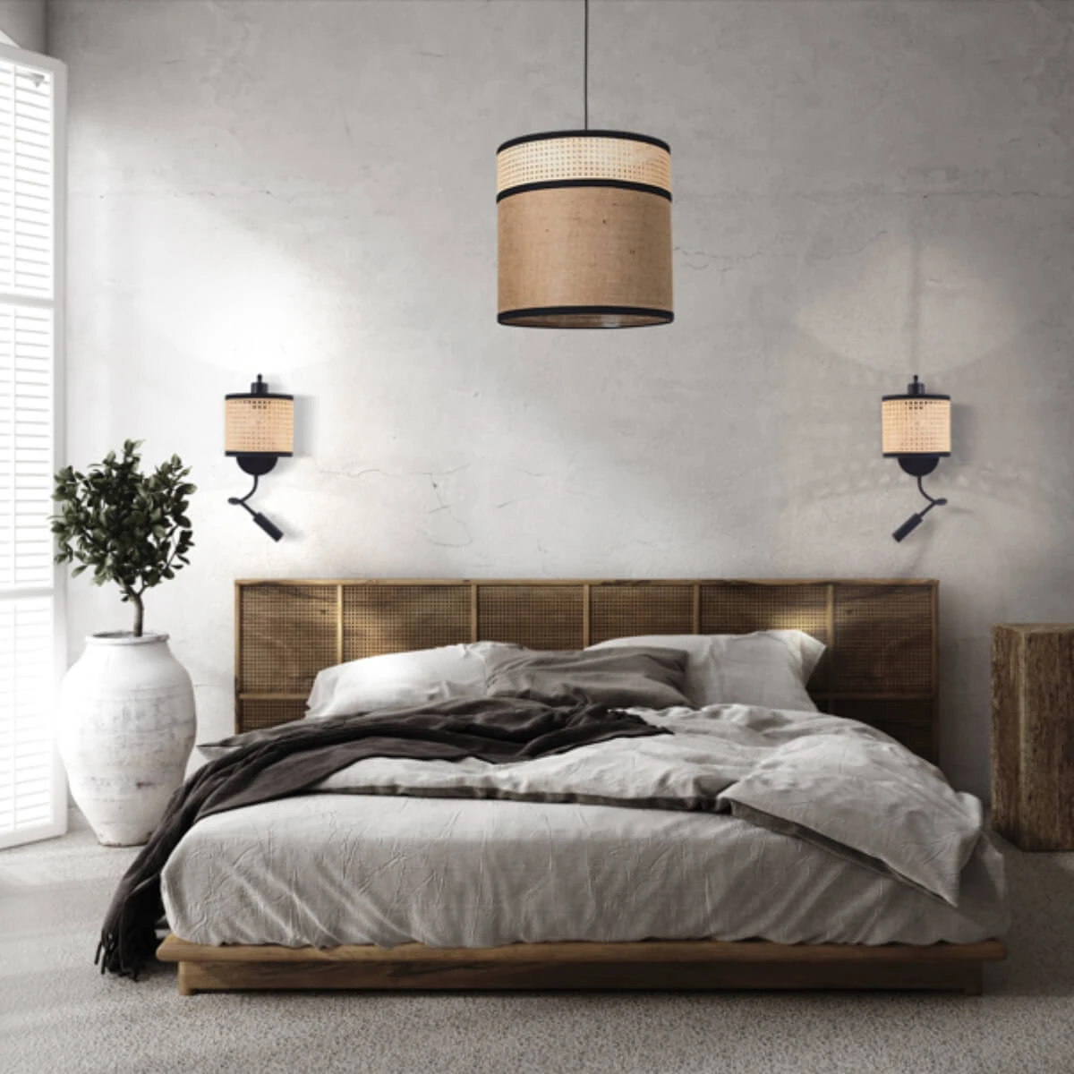 Natural Woven Cane & Fabric Pendant Light