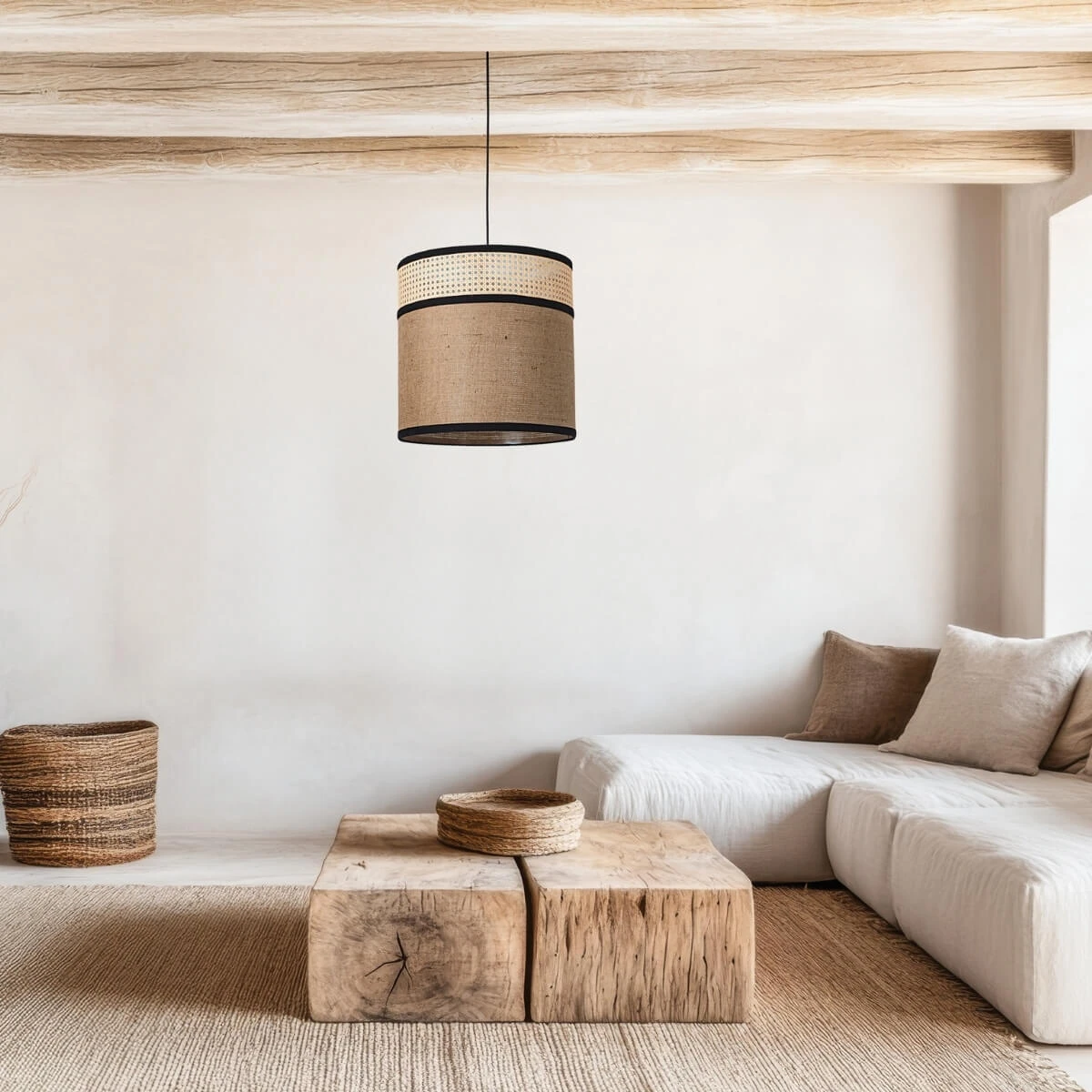 Natural Woven Cane & Fabric Pendant Light