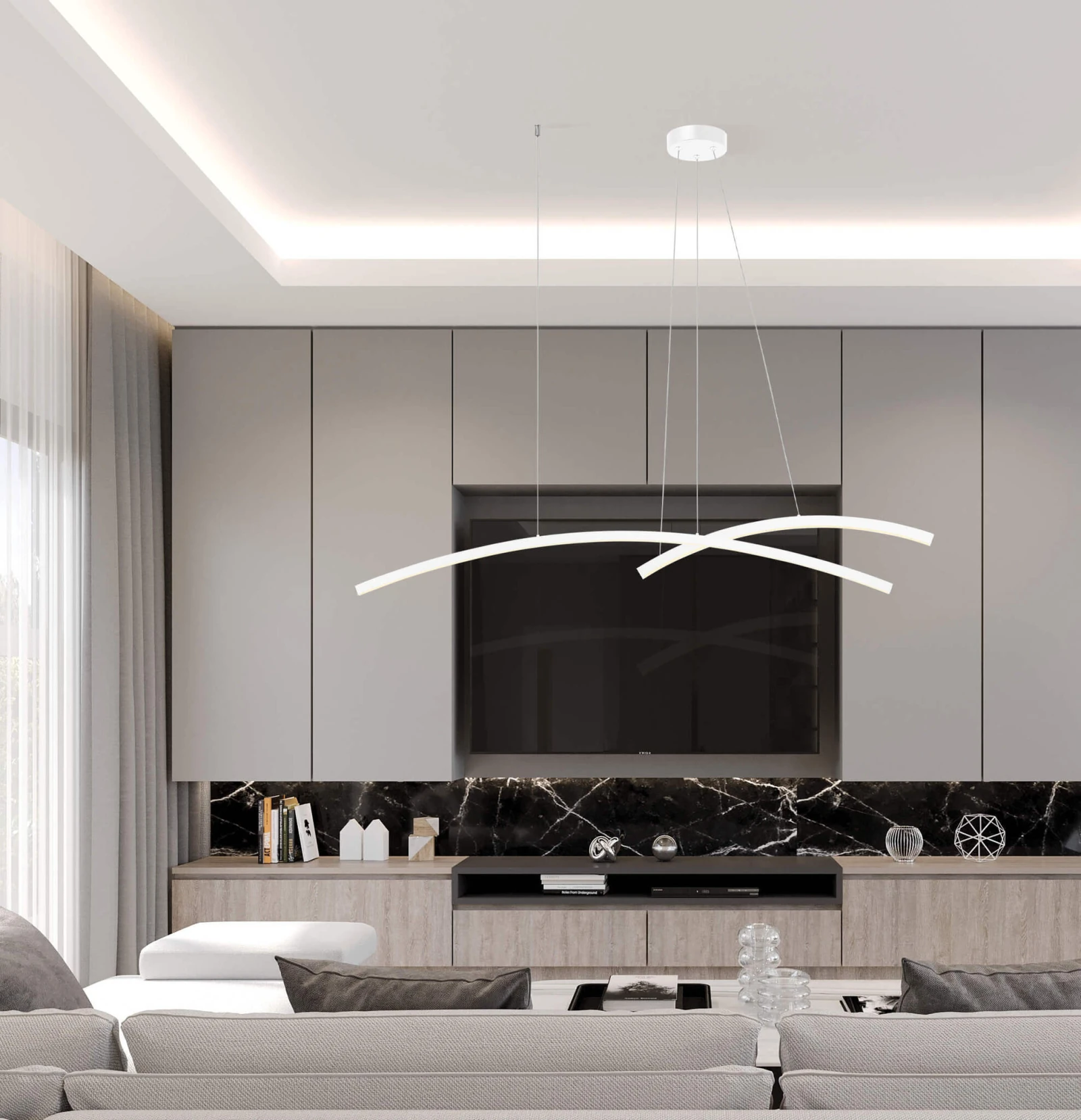 Modernus LED pakabinamas šviestuvas su lenktu dizainu, baltas matinis