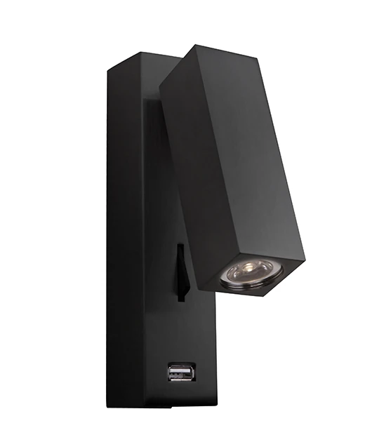 LED Sieninis Šviestuvas su USB Krovikliu, Juodas Matinis