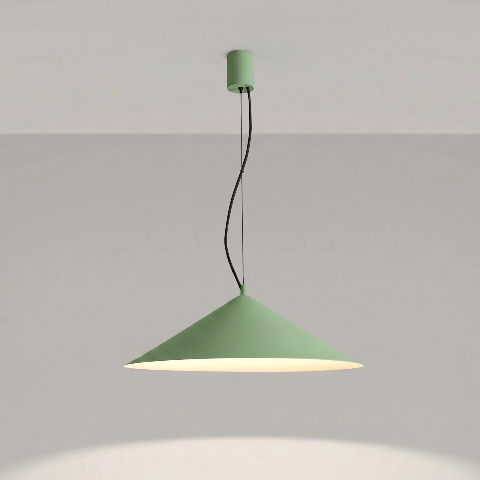 Pakabinamas šviestuvas 50 cm – kūgio formos, šalavijo spalvos, TRIAC