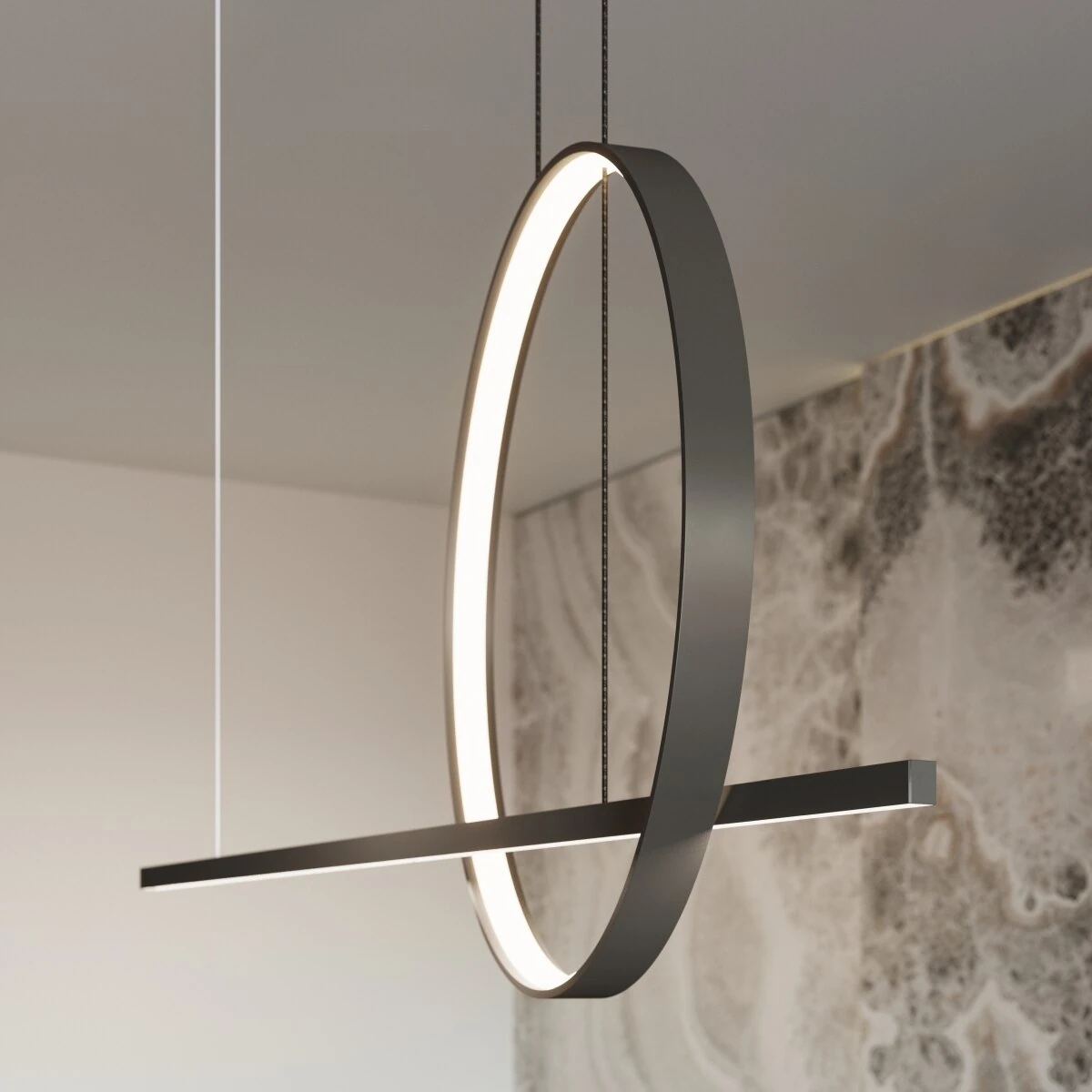 Pendant LED lamp 120 cm – line with ring, black, CRI98