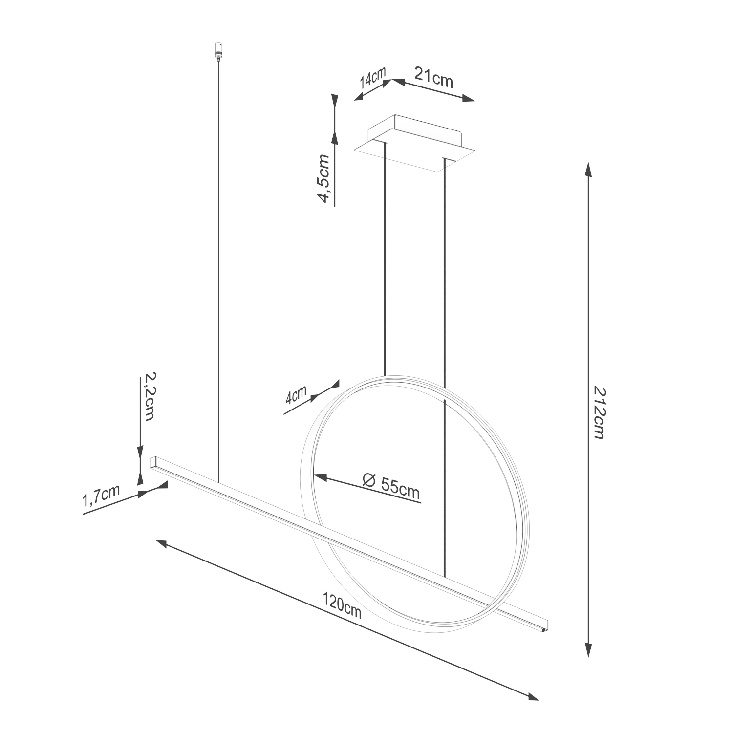 Pendant light 120 cm – ring and line, white, LED 46W
