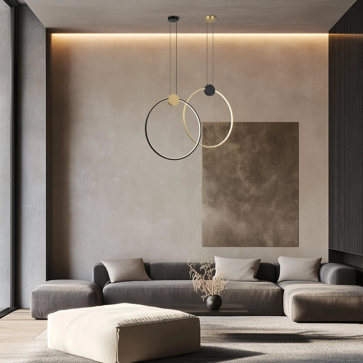 Modernus LED pakabinamas šviestuvas su juodu žiedu ir aukso akcentu