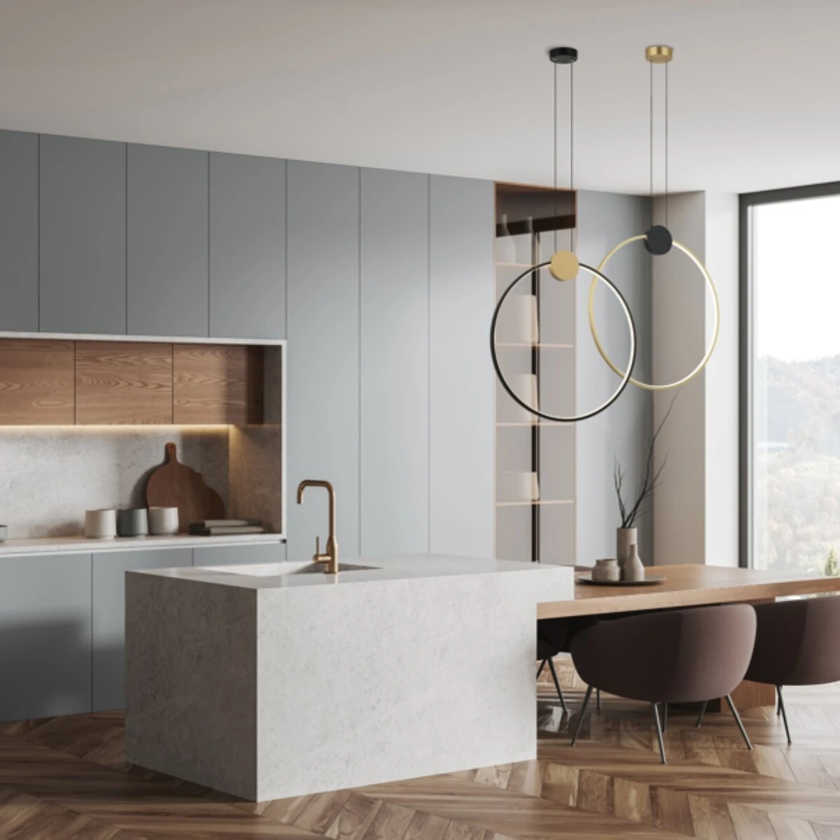 Modernus LED pakabinamas šviestuvas su juodu žiedu ir aukso akcentu