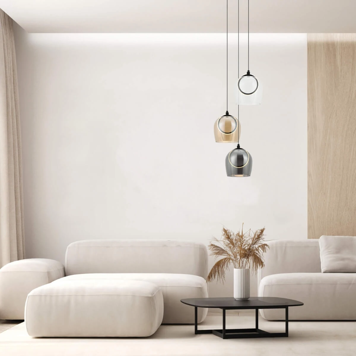 3-Light LED Pendant with Smoked, Champagne & Clear Glass Shades, Black Matt
