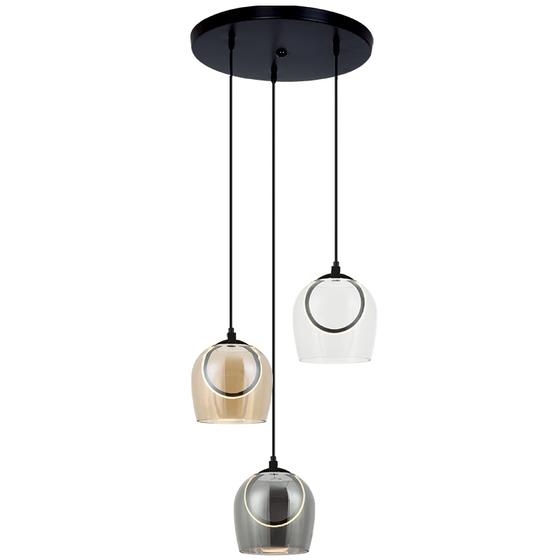 3-Light LED Pendant with Smoked, Champagne & Clear Glass Shades, Black Matt