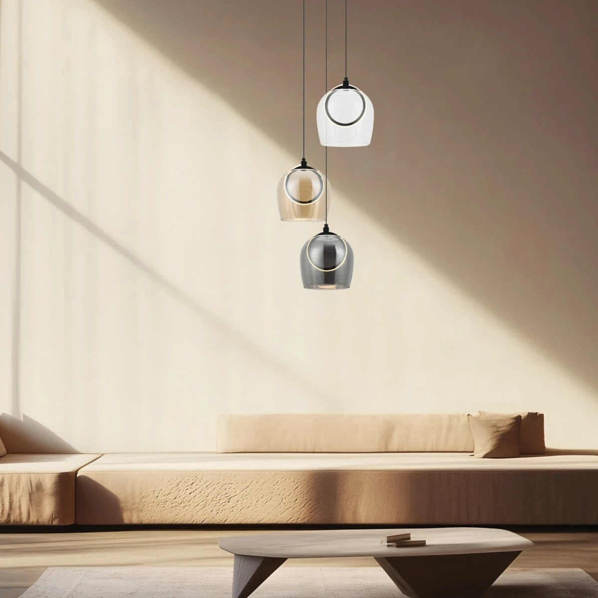 3-Light LED Pendant with Smoked, Champagne & Clear Glass Shades, Black Matt