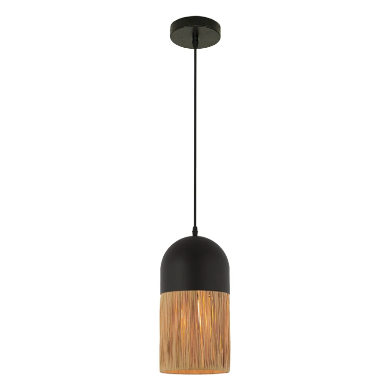 Pakabinamas šviestuvas D18cm, juodas metalas ir natūralus pynimas