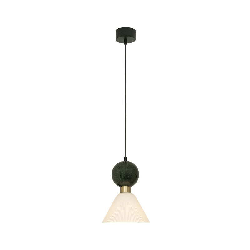 Green Marble & Brass Pendant Light, Pleated Shade