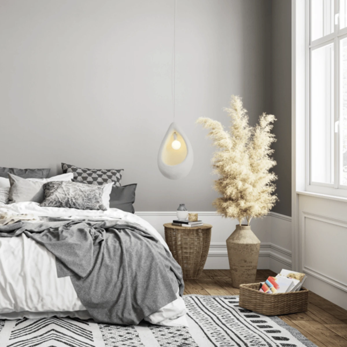 White Textured Teardrop Pendant Light, E27, 60cm