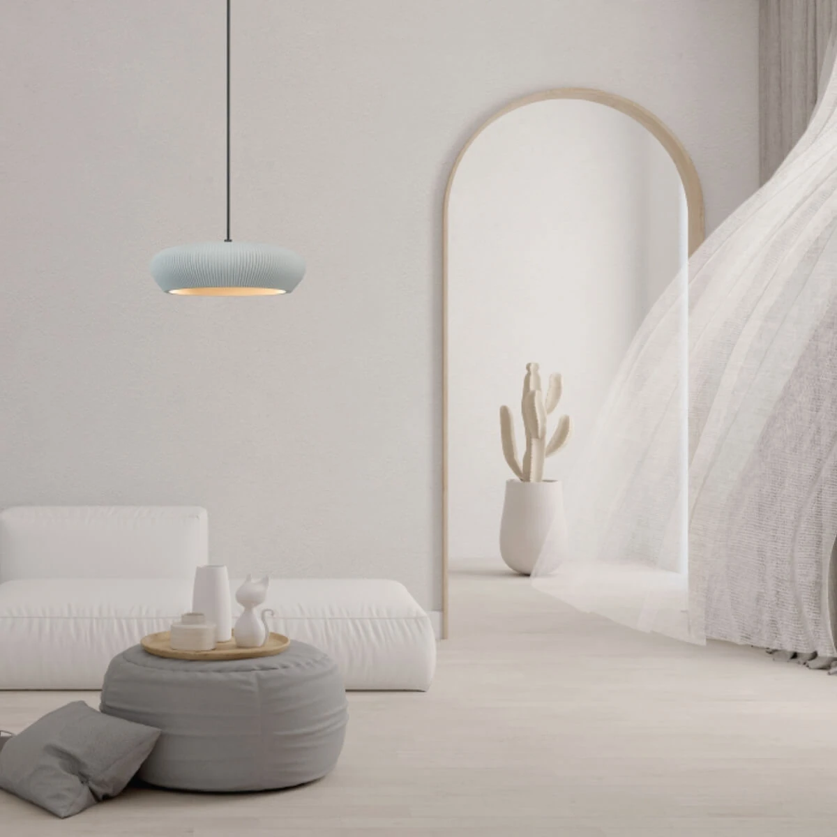 Grey Clay Ribbed Pendant Light, Sandy Black Finish