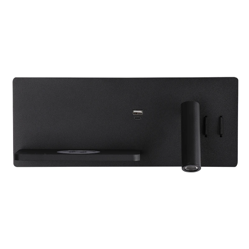 LED sieninis šviestuvas su skaitymo lempute, USB ir belaidžiu įkrovikliu, juodas matinis