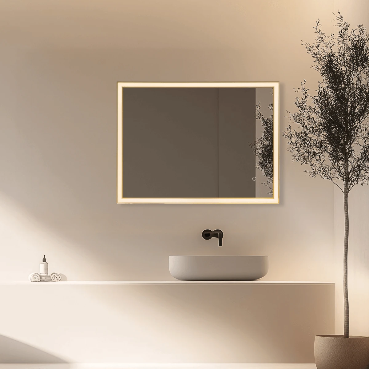 LED veidrodis 80×60 cm – stačiakampis, auksinis aliuminio rėmas, reguliuojamas apšvietimas