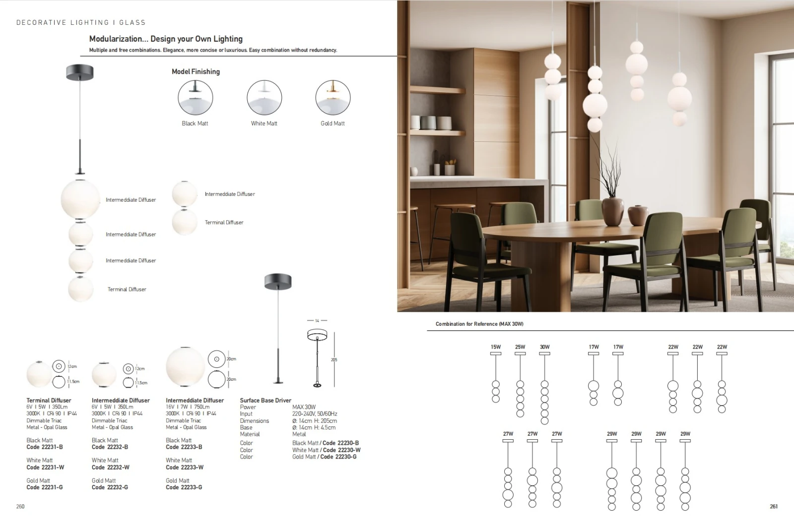 Modular Spherical LED Pendant Light Diffuser, 5W 3000K Dimmable