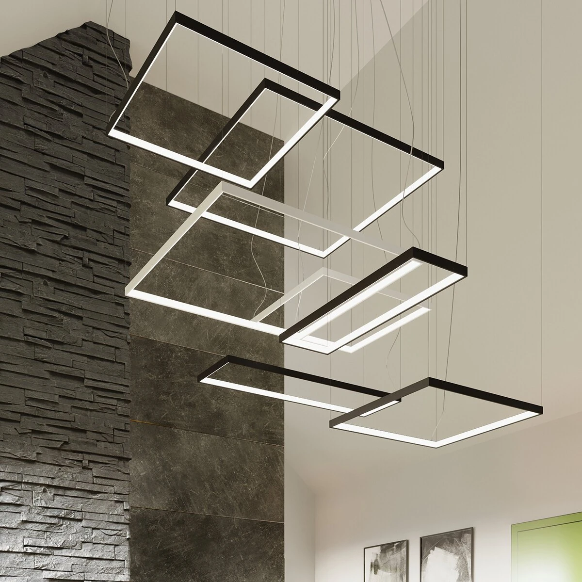 Pakabinamas šviestuvas 65W – kvadratinis, juodas, šilta LED šviesa
