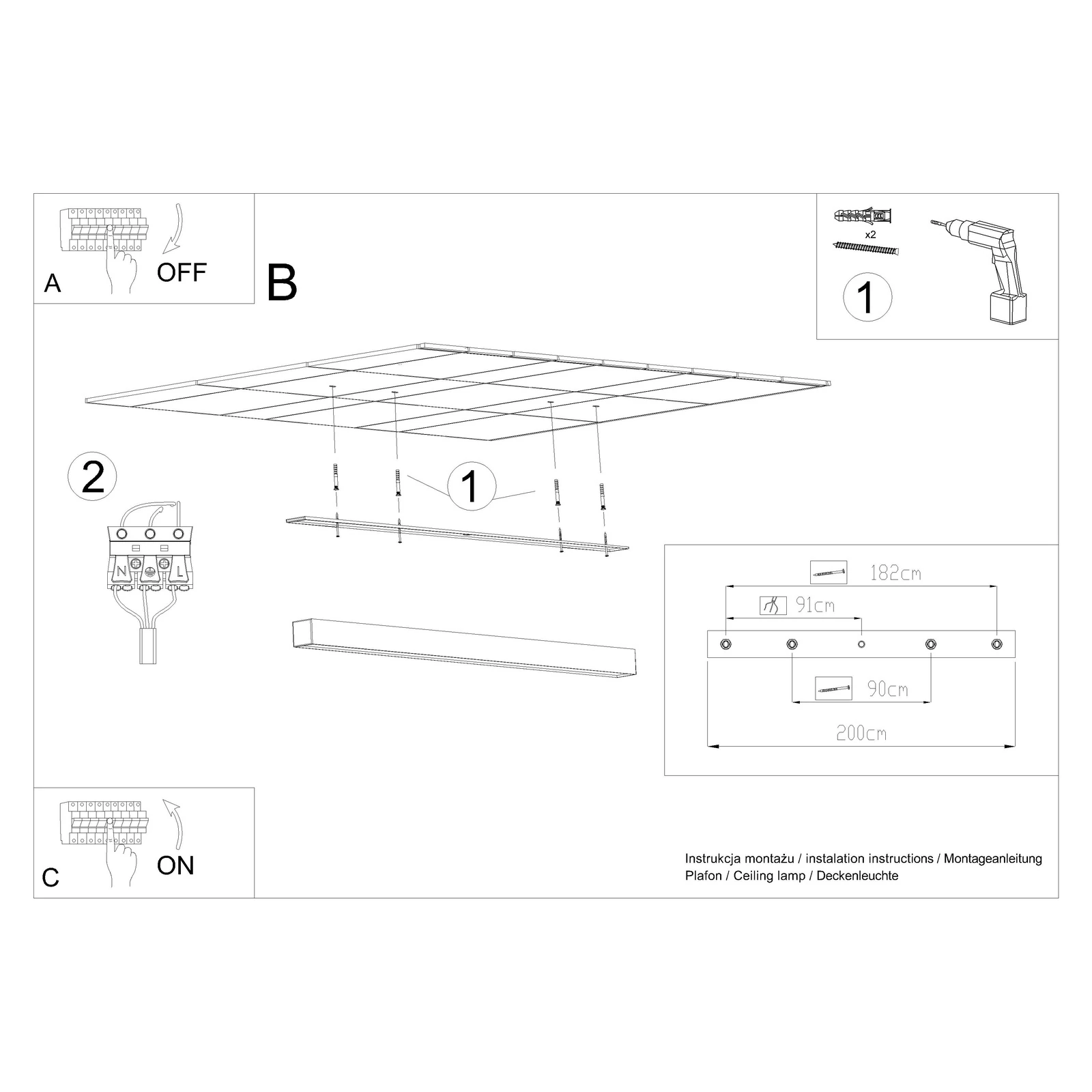 Lubinis LED šviestuvas 200 cm – linijinis, juodas, CRI90